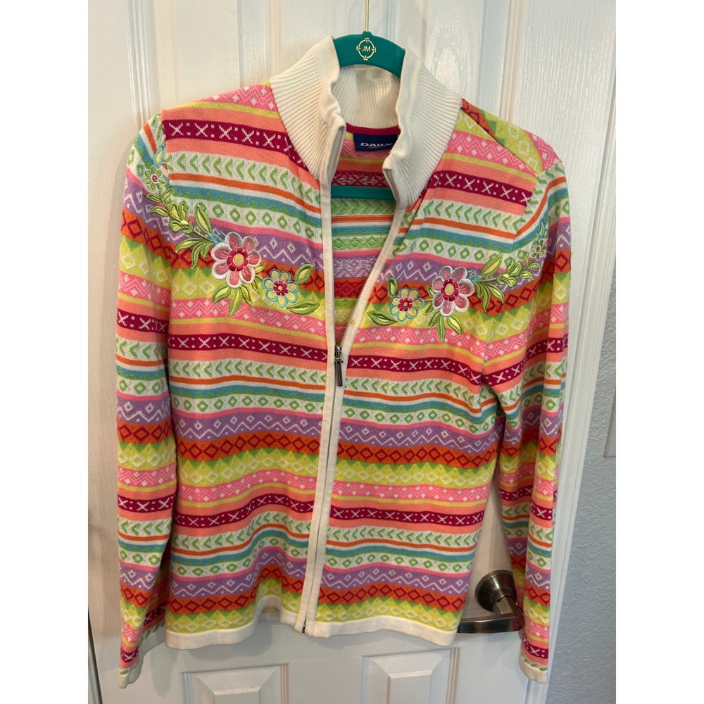Daily Sports Full Zip Sweater Multicolor Fair Isle Floral Knit Jacket Golf L